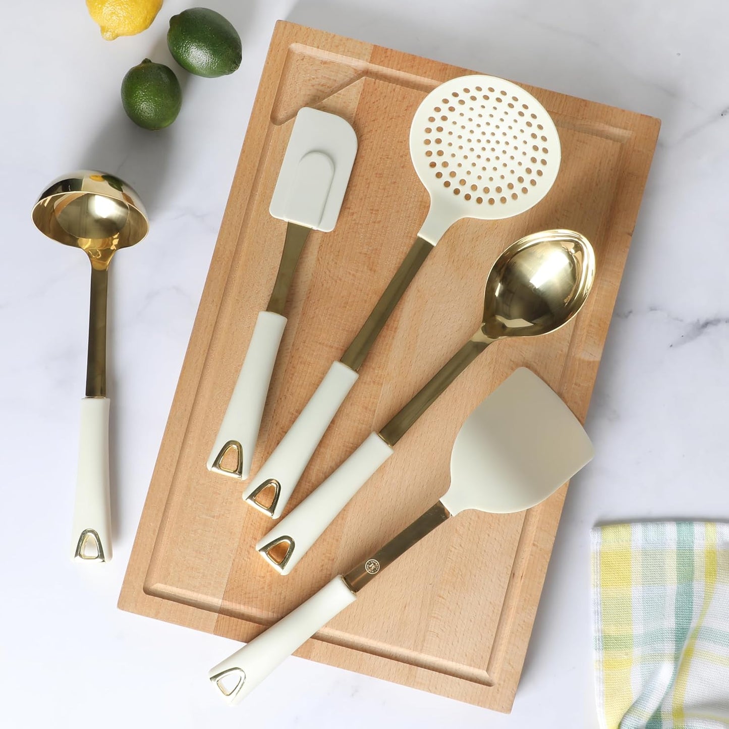 Martha Stewart Lockton 5-Piece Kitchen Tool Set - Durable Stainless Steel & Nylon Utensils with Gold Accents