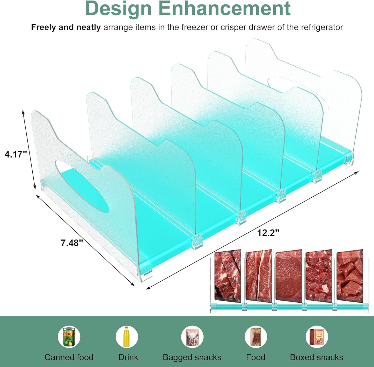 SURETIVIAN Freezer Organizer Rack - 12” Adjustable Fridge Storage with Removable Dividers | Mint Green