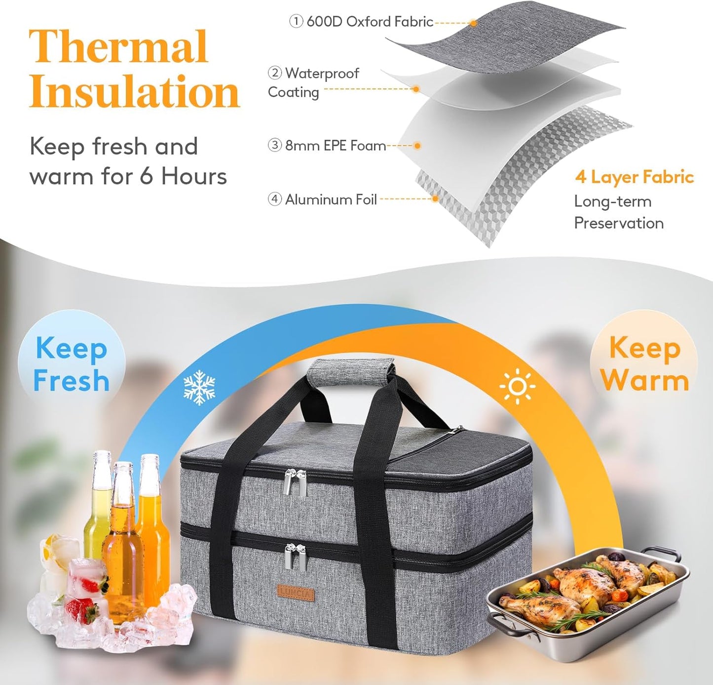 LUNCIA Insulated Casserole Carrier - Double Decker Thermal Tote Keeps Food Hot or Cold | Fits 9" x 13" Dish, Grey
