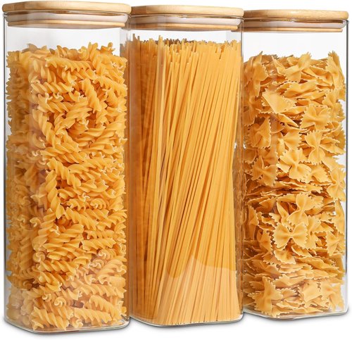 ComSaf Glass Spaghetti Storage Containers - Airtight 2.2 Qt Set of 3 | Tall Clear Jars for Pasta, Flour, and More