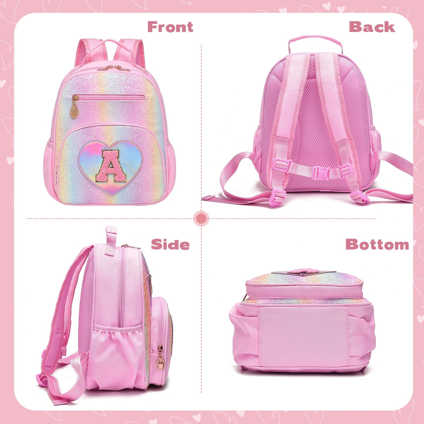 I IHAYNER Glitter Kids Backpack for School Travel & Daycare, Cute Pink Backpack with Initial, Lightweight Preschool Elementary Backpack for Girls, Personalized Gifts for Toddler & Little Girls