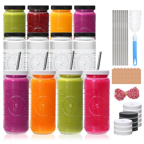 Encheng 12 Pack 16oz Glass Juice Bottles,Reusable Juicing Bottles with Lids and Straws,Embossed Juice Containers Kombucha Bottle Smoothies Jars for Water, Iced Coffee,Party,Travel