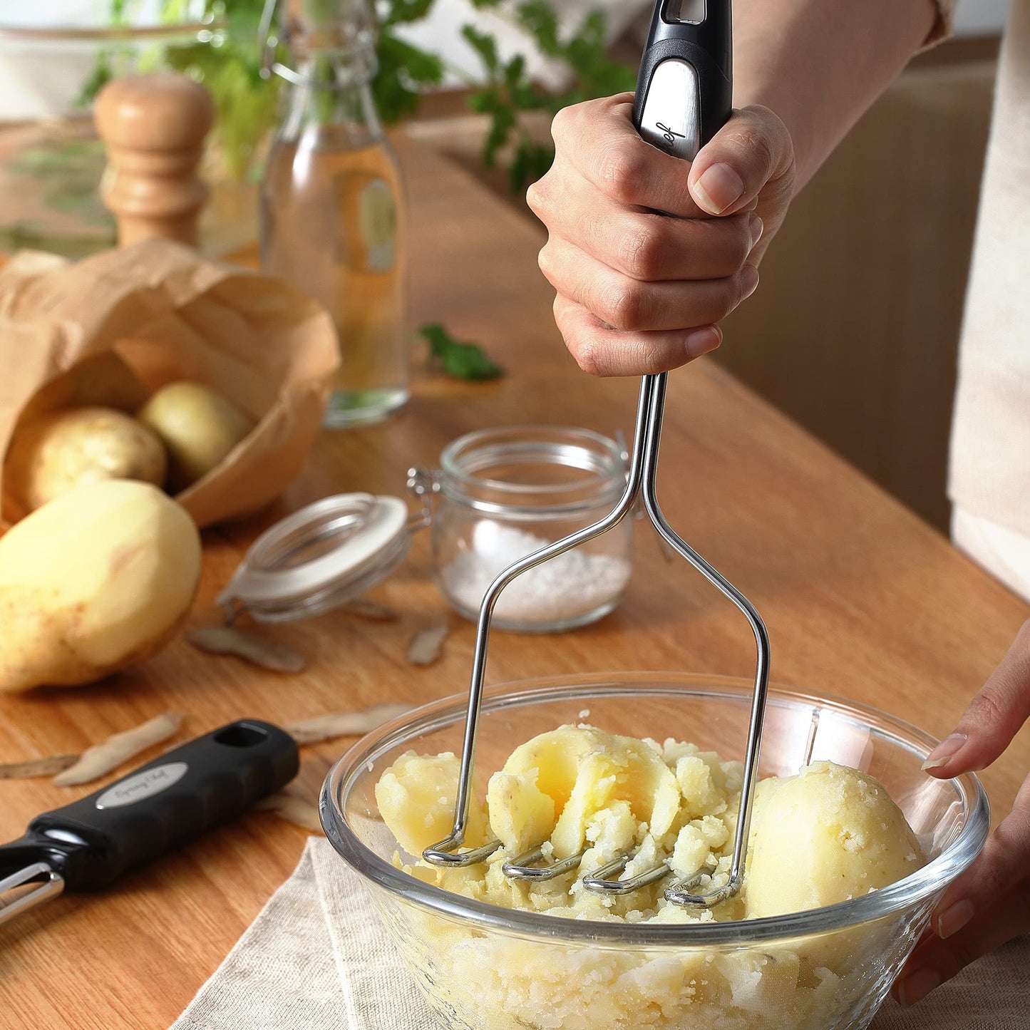 Spring Chef Stainless Steel Premium Vegetable Peeler with Potato Masher, Soft Grip Handle Metal Food Peeler and Masher for Fruit & Vegetables