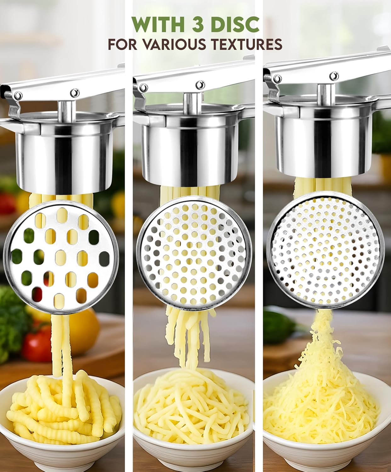 Skiennix 15oz Potato Ricer - Heavy Duty Stainless Steel Masher with 3 Discs | Non-Slip Baby Food Squeezer