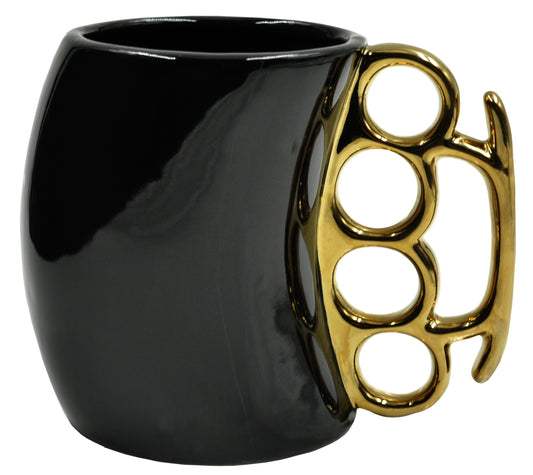 Caliber Gourmet Brass Knuckles Cup - Black and Gold Ceramic Self-Defense Novelty Coffee Mug, Unique Knuckles Mug for Collectors, Perfect Odd Coffee Mug Gift Idea for Christmas, Father's Day & More