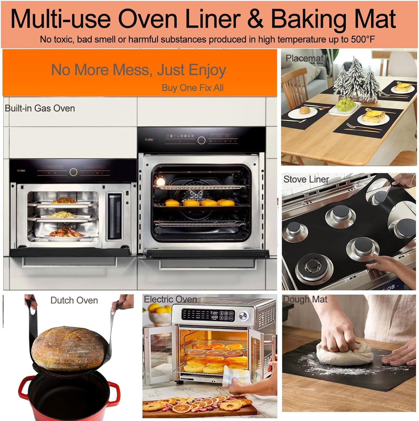 Skiennix Oven Liners - Heavy Duty Non-Stick Teflon Mats | BPA & PFOA Free, 16x24 Inch (5 Pack)