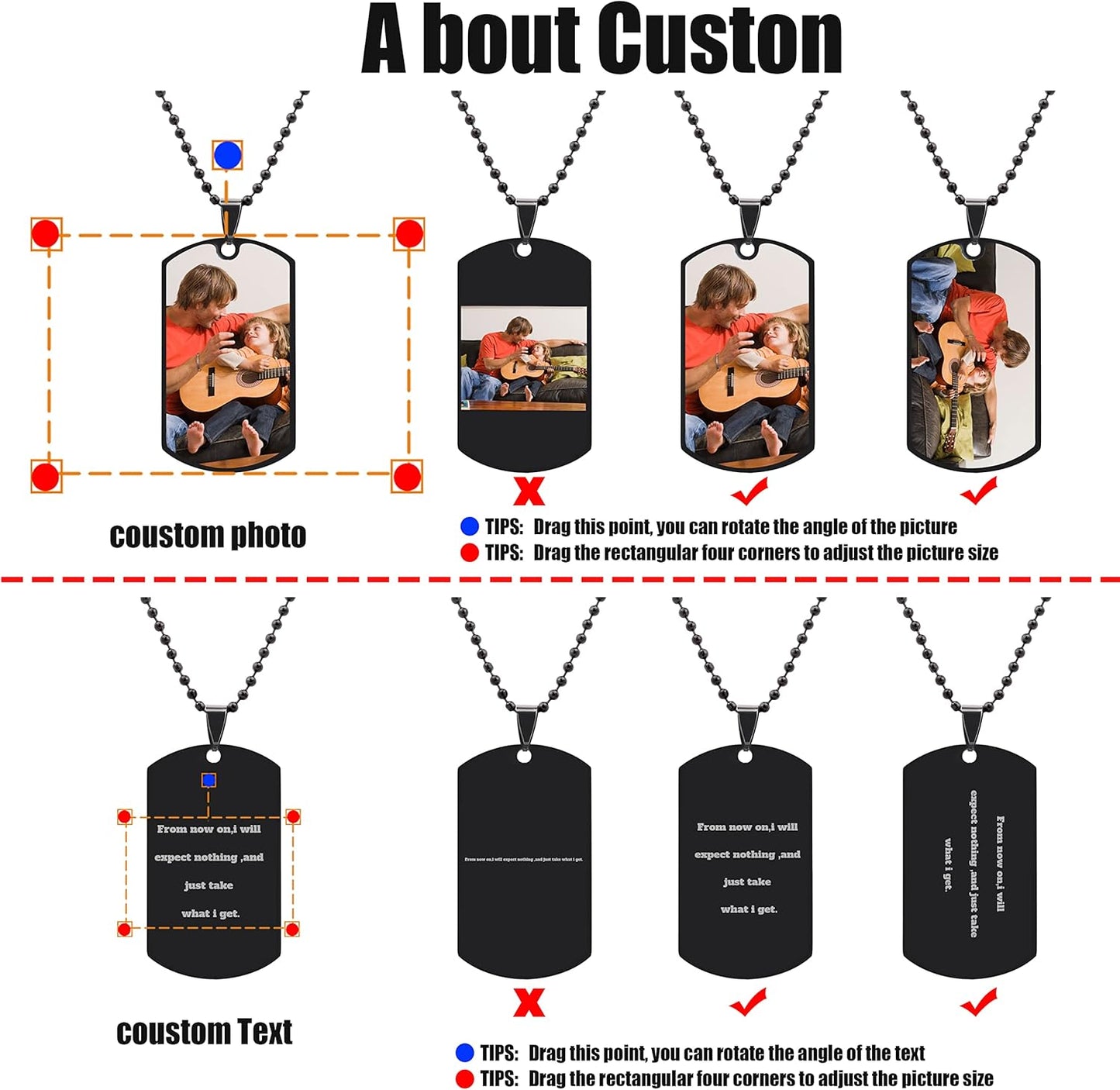 Skiennix Personalized Dog Tag Pendant - Custom Engraved Necklace for Men & Women | Stainless Steel, Photo/Text