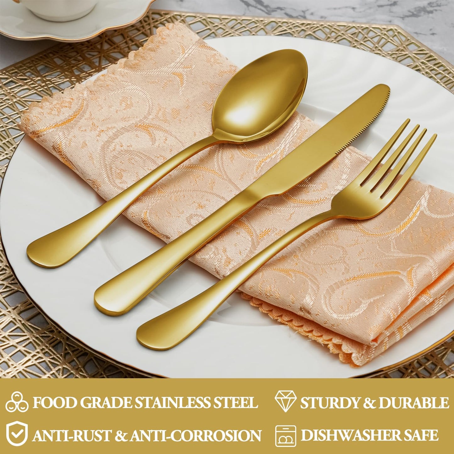 16 Piece Gold Dinner Forks Set, Food-Grade Stainless Steel Silverware Forks, Cutlery Fork, Metal Fork for Home, Kitchen or Restaurant, Mirror Polished, Dishwasher Safe - 8 Inch