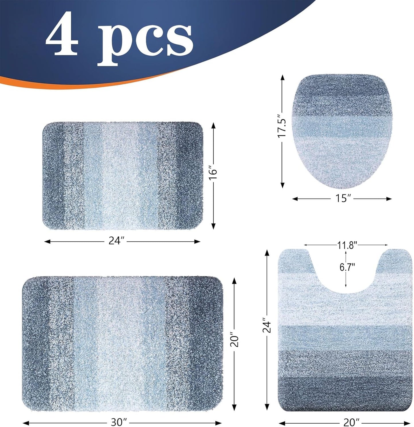 OLANLY Bathroom Rug Set - 4-Piece Soft Microfiber Mats with U-Shaped Contour & Toilet Lid Cover | Quick Dry, Machine Washable, Blue