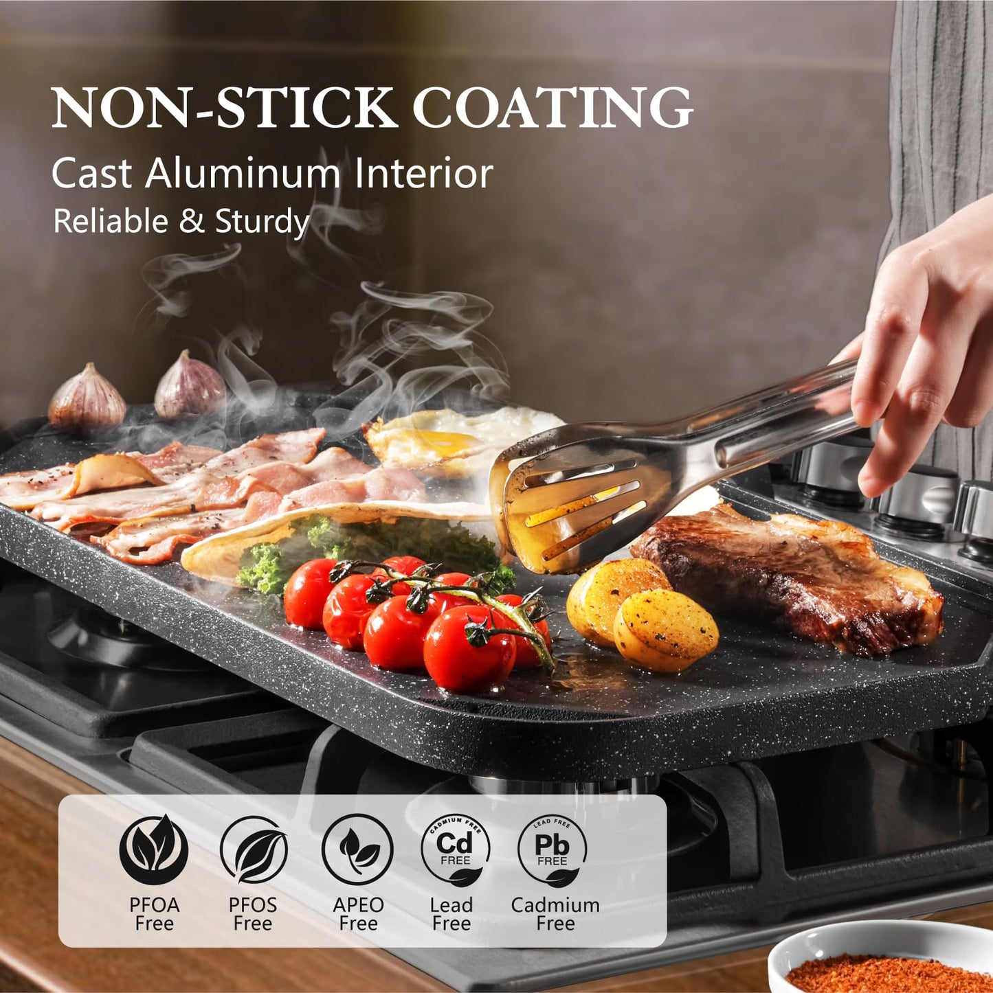 SENSARTE Nonstick Griddle Grill Pan, Pro-Grid Reversible Grill & Griddle Pan, Two Burner Cast Aluminum, Portable for Indoor Stovetop or Outdoor Camping BBQ, 19.5" x 10.7"