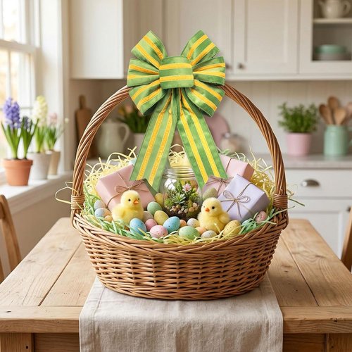 Hying Easter Wreath Bows - 2-Piece Set in Yellow Green Stripes for Farmhouse Decor
