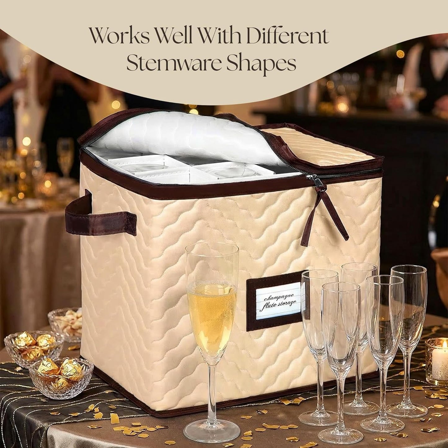 Regine Switzerland Wine Glass Storage Box - Durable Quilted Microfiber Case with Dividers | Protects Stemware (1 Pack, Champagne Flute)