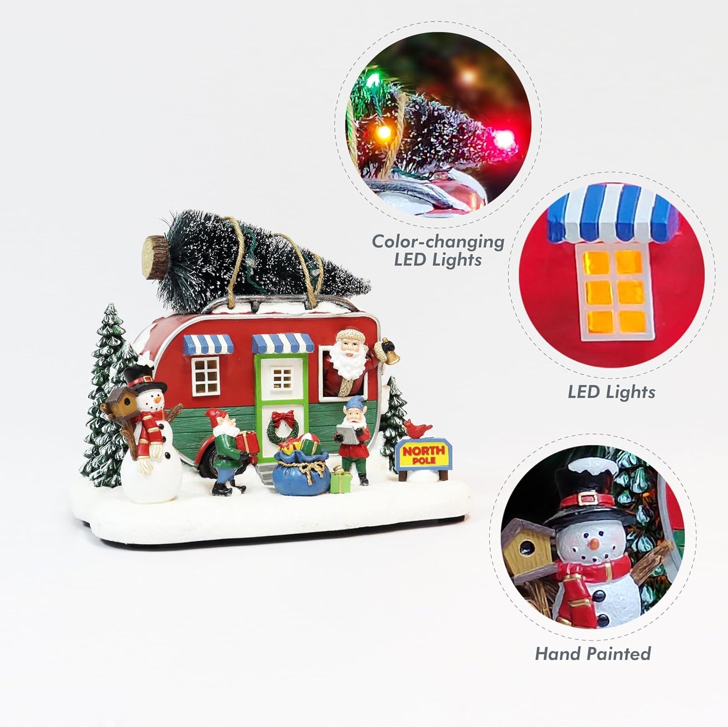 Moments In Time Lighted Santa Trailer Christmas Village Camper Scene - 7.3” Hand-Painted with LED Lights & Music