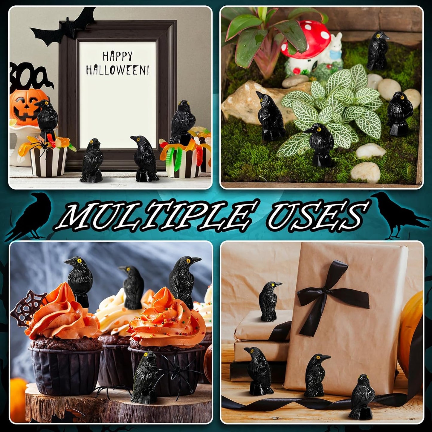 Skiennix Miniature Crows Decor - 100 Pcs Black Resin Raven Figurines for Spooky Holiday Scenes
