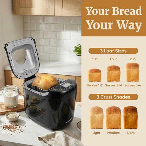 Elite Gourmet Programmable Bread Maker, 2 lb Loaf, 3 Sizes, 19 Presets incl. Gluten-Free, Dough & Jam, Delay Timer, Black