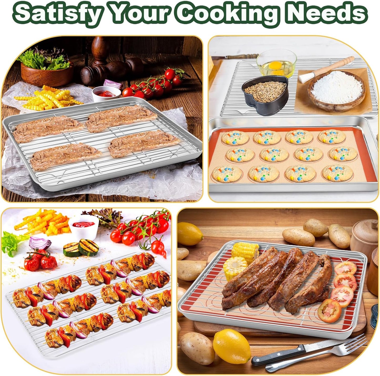 TeamFar Stainless Steel Baking Sheet Set - 16” x 12” Baking Pan with Cooling Rack & Silicone Mat | Oven & Dishwasher Safe