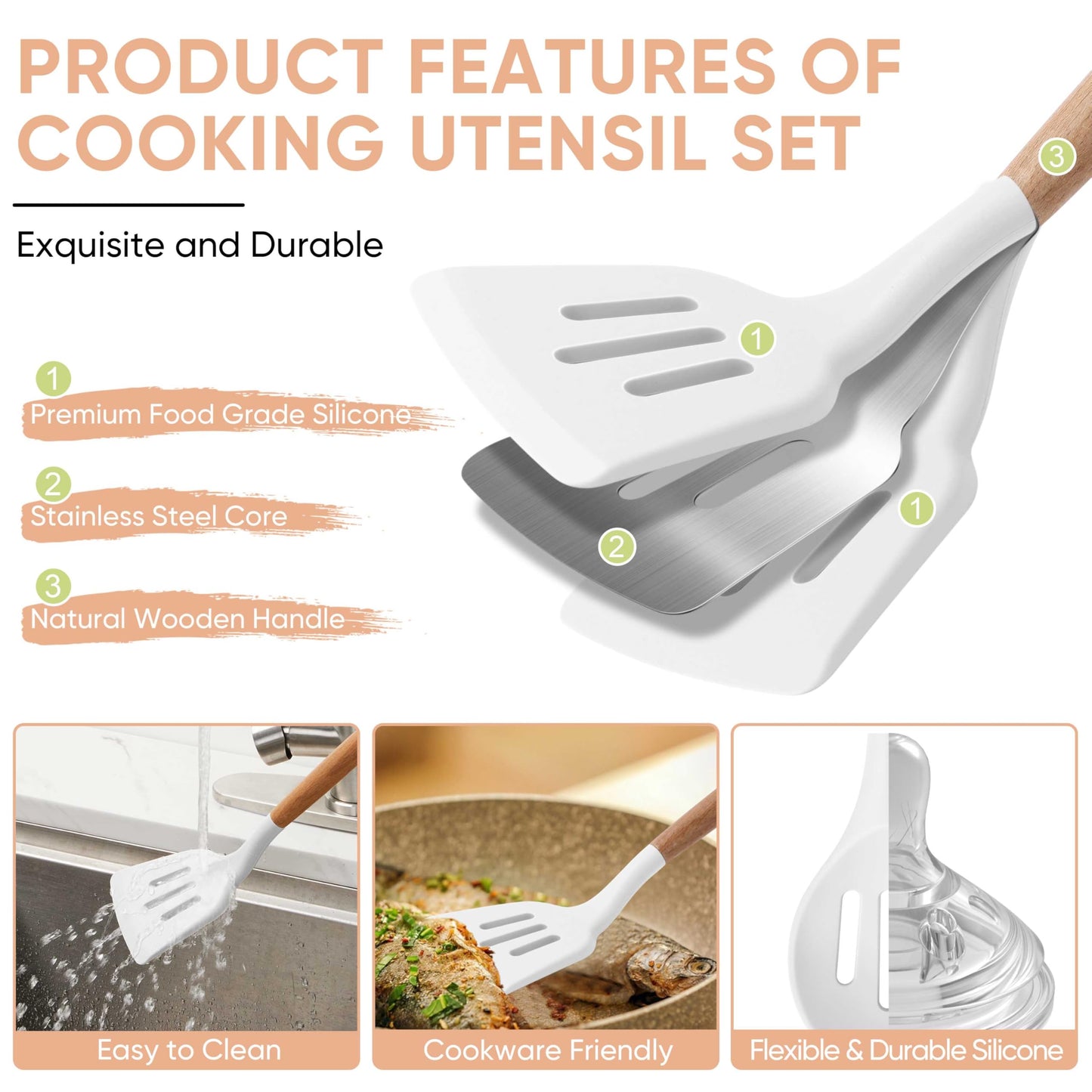 Herogo 8 Pcs Non-Stick Silicone Cooking Utensils Set with Wooden Handle, Heat Resistant Food-Grade Kitchen Utensils Set, Includes Spatula Spoon Turner Server Whisk Ladle for Baking, Cooking (White)