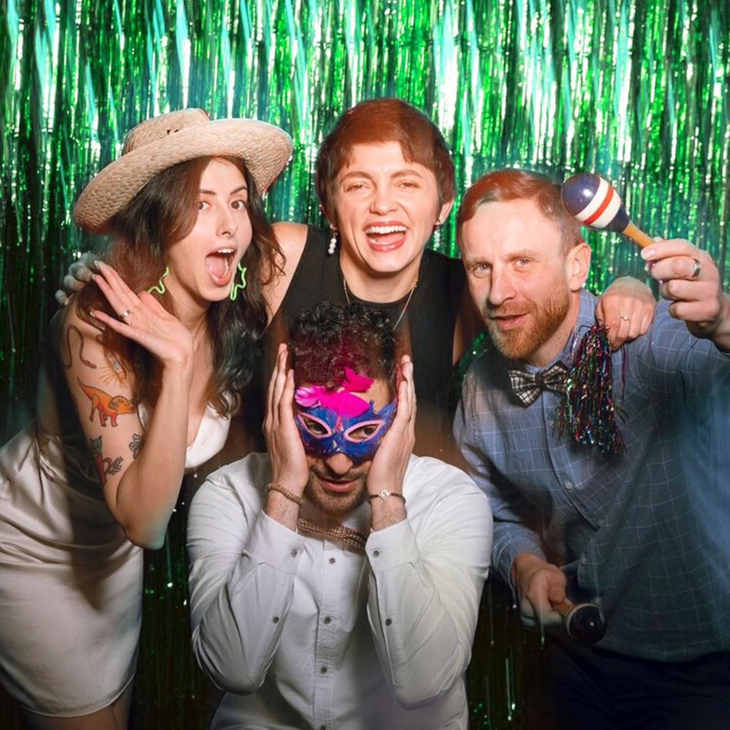 Skiennix Green Metallic Tinsel Foil Fringe Curtains - 10 Pack Photo Booth Props for Parties & Celebrations
