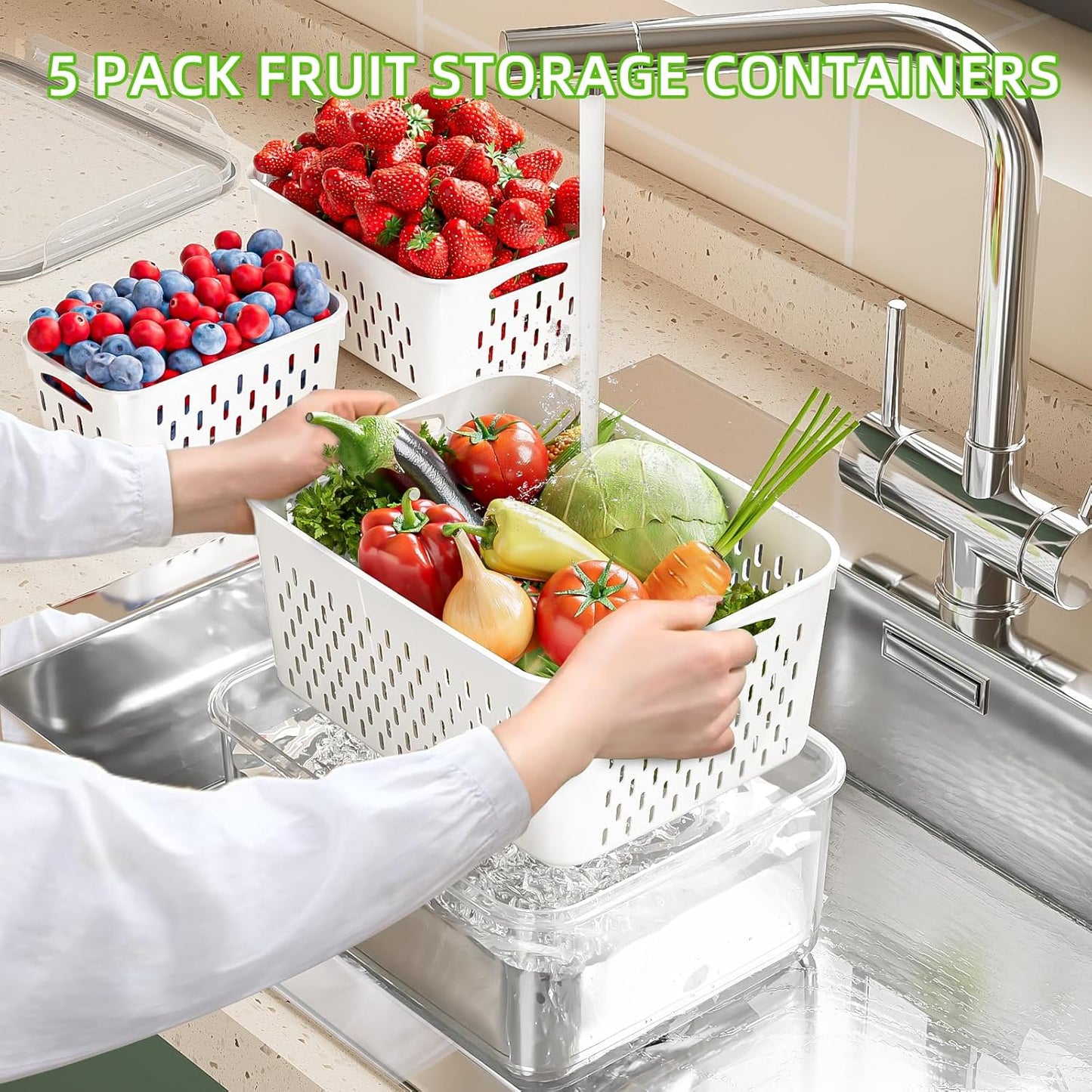 KEMETHY Fruit Storage Containers - 5 Pack BPA-Free with Removable Colanders | Keep Produce Fresh Longer