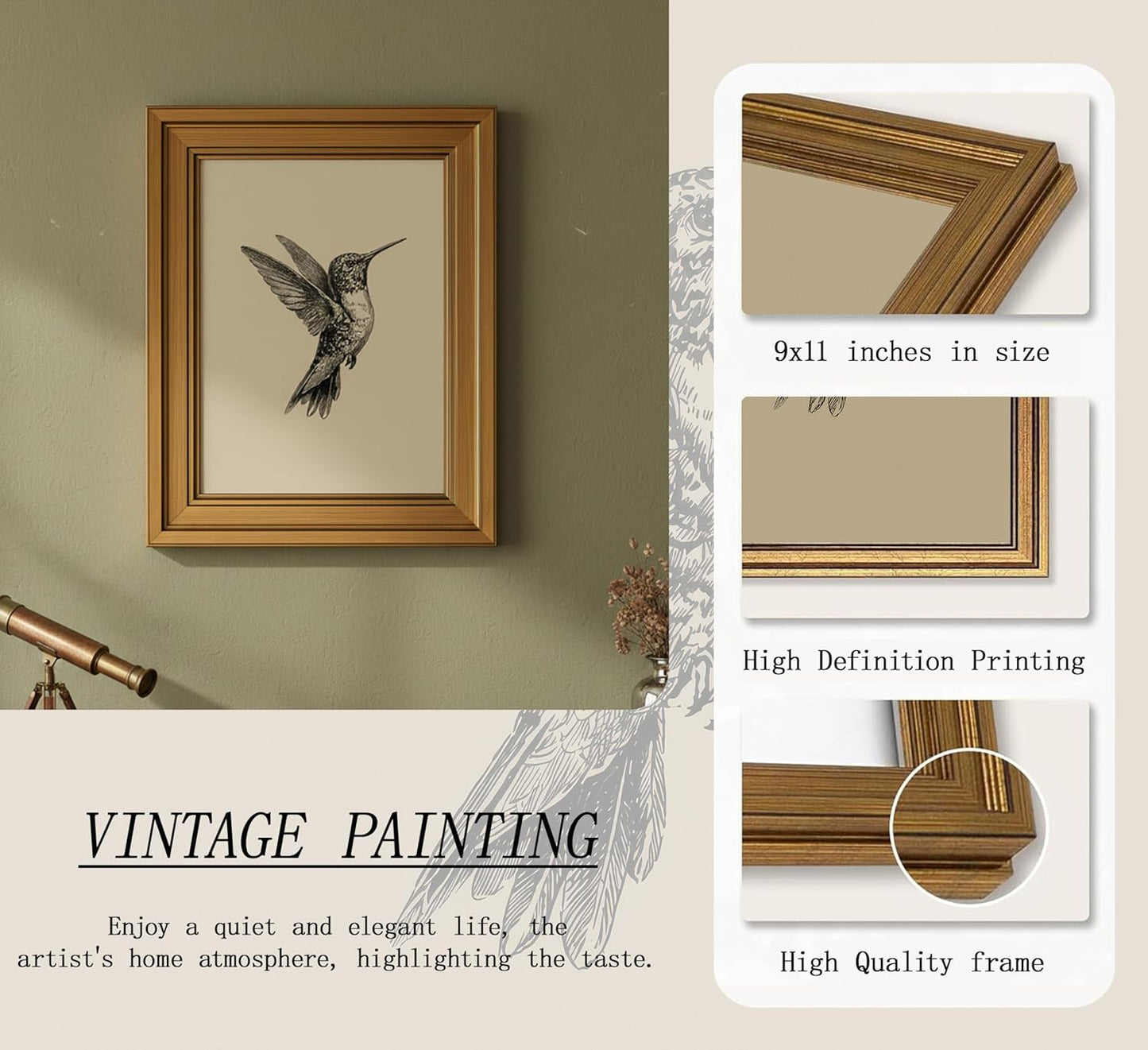 MDHFJEAW Vintage Gold Framed Hummingbird Wall Art - Retro Black and White Canvas Print, 9x11 In