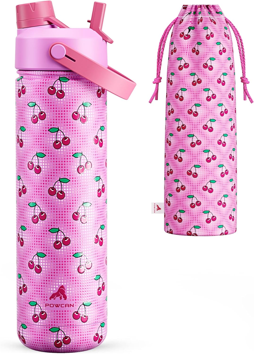 POWCAN 26 oz Insulated Water Bottle - 2-in-1 Straw & Spout Lid, Leak-Proof, Fits Car Cup Holder | Cherry Pop