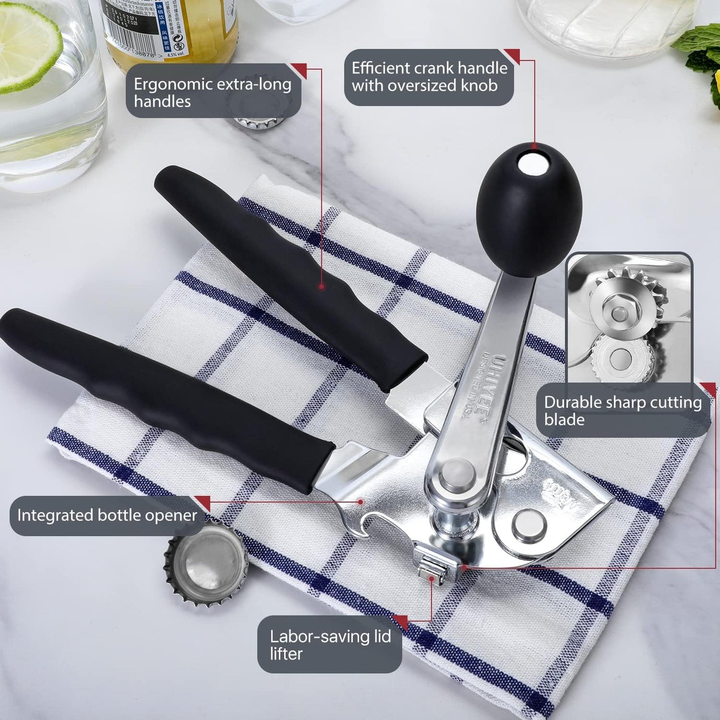 UHIYEE Heavy-Duty Manual Can Opener - Comfortable Extra-Long Handles for Easy Use | Black