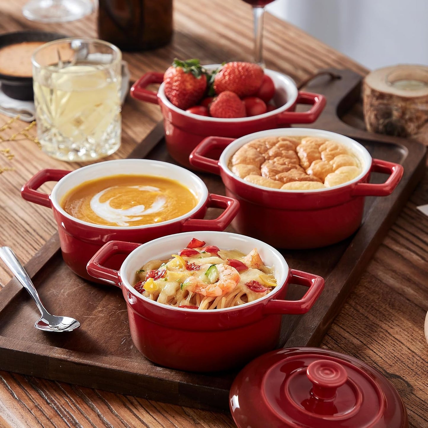Lareina Mini Cocotte - 12oz Ceramic Casserole Dishes with Handles & Lid | Set of 4 - Red, Oven & Microwave Safe