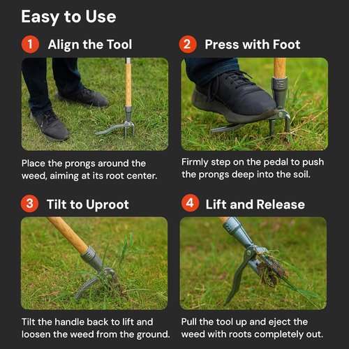 4-Claw Stand Up Weed Puller Tool - Heavy Duty Metal Head Weeder with Adjustable 30"-44" Ashwood Handle for Easy Gardening