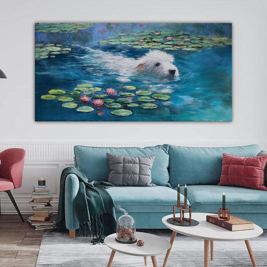 Monet Dog Wall Art - Large Framed Canvas Decor for Bedroom | Vintage Landscape Artwork 24x48 IN