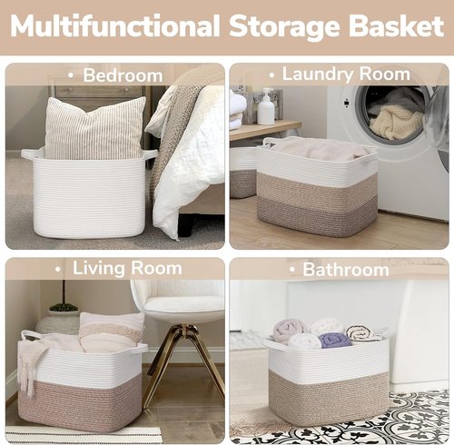 Goodpick Woven Baskets - 18" x 14" x 12" Rectangle Storage for Blankets & Toys | White & Brown Home Decor