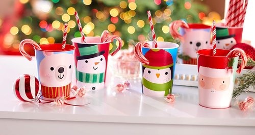 American Greetings Reusable Plastic Cups - 8-Count 16 oz. Santa & Snowman Christmas Party Supplies