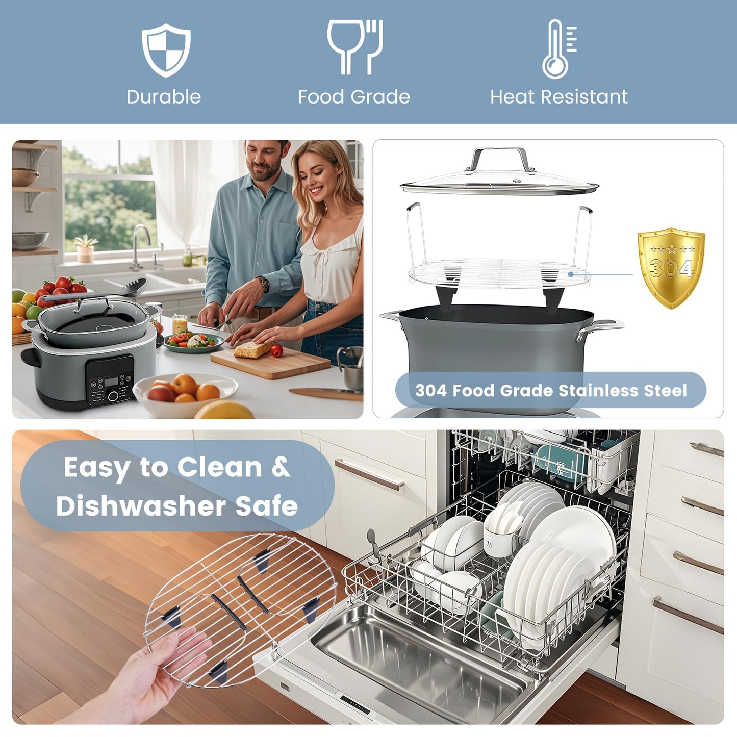 Fondpen Roast and Steamer Rack Compatible with Ninja Foodi Possible Cooker Pro 8.5 Quart MC1000, MC1001, MC1010 Slow Cooker Crock, Stainless Steel Crock Pot Accessories with Silicone Protected Feet Handles