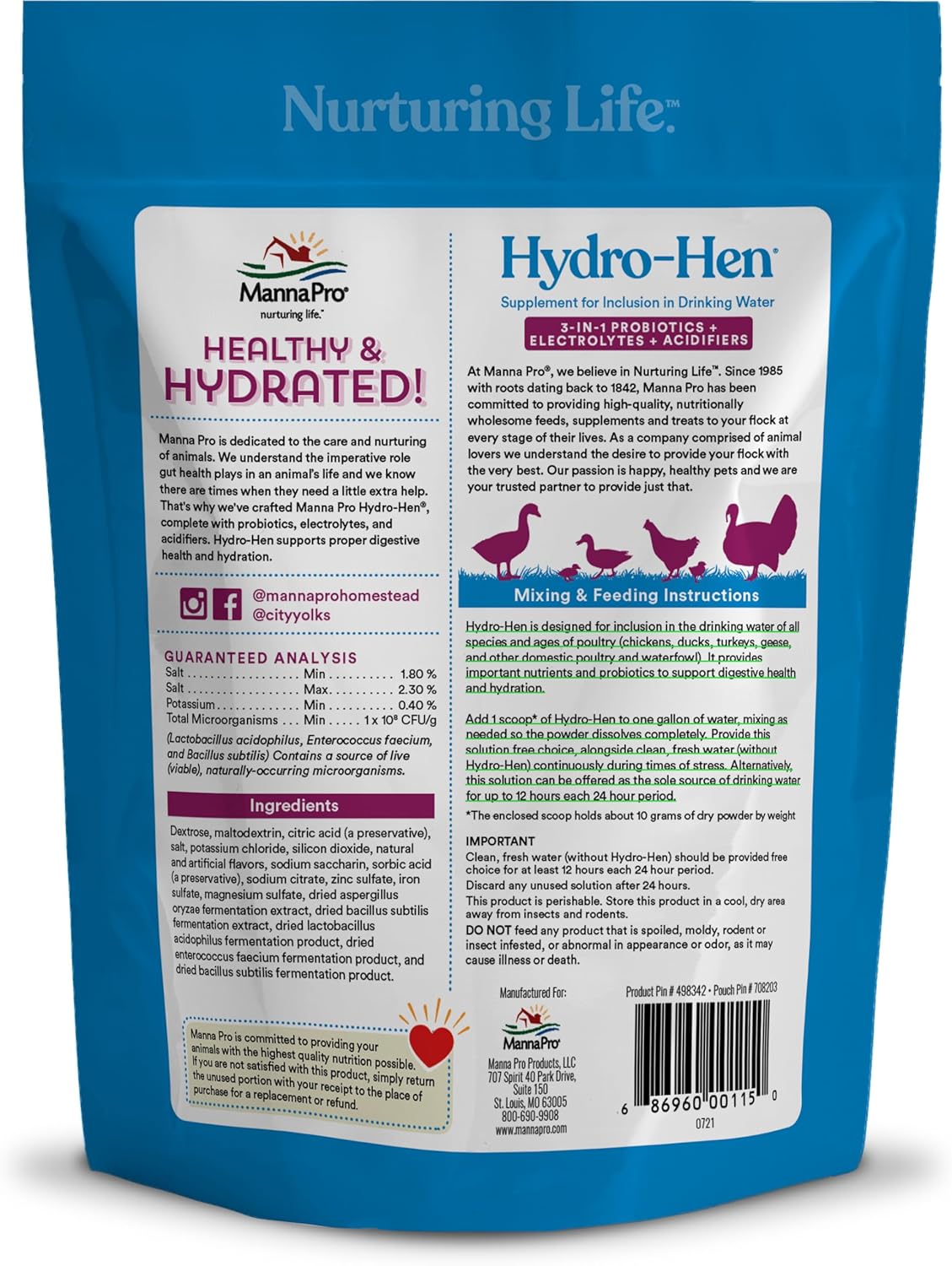 Manna Pro Hydro-Hen Poultry Electrolyte & Probiotic Supplement - Hydration Support for Chickens & Ducks | 20 oz