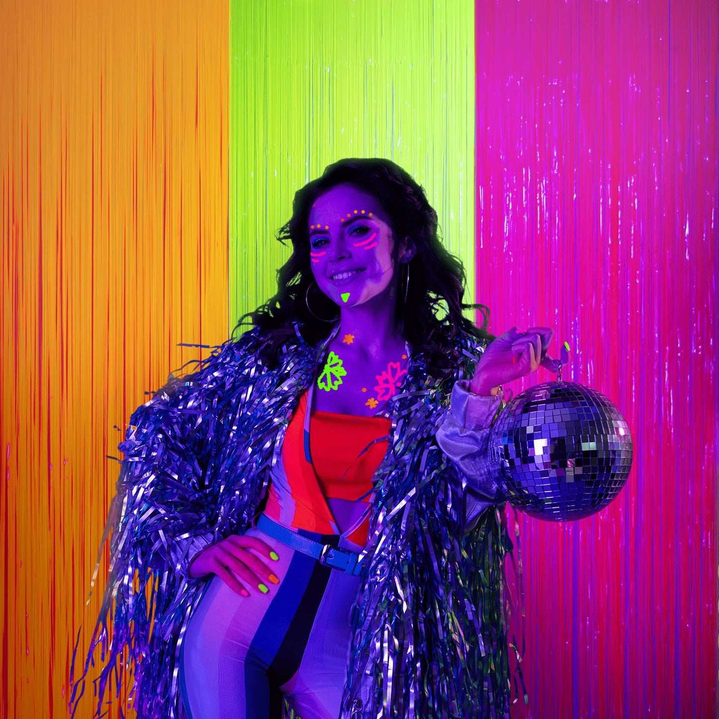 Mega-L Glow in The Dark Party Supplies, 3 Pack Neon Party Decorations 9.9 x 6.6 ft Fluorescent Tinsel Foil Fringe Curtains, Neon Backdrop Streamer for Birthday, Weeding, New Years Eve Party Supplies