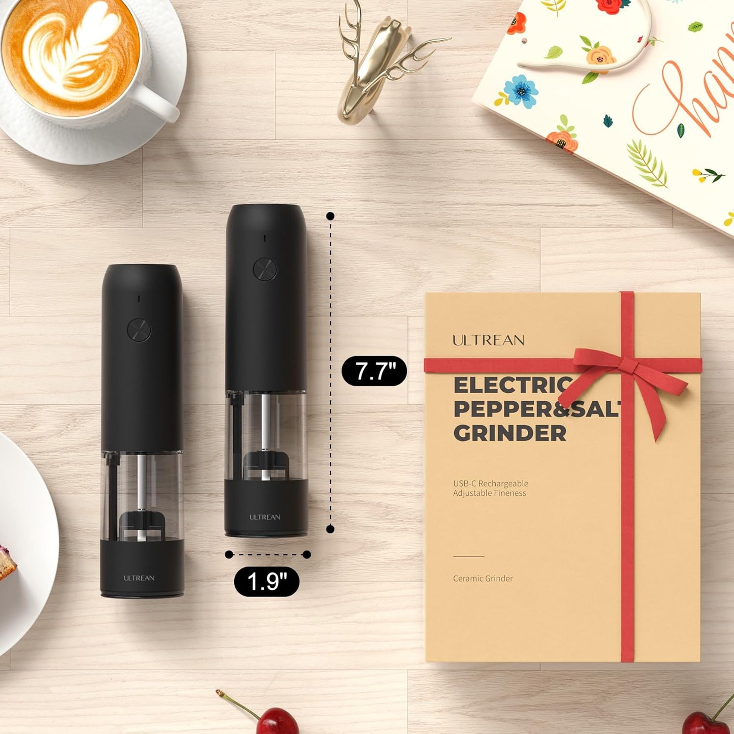 Ultrean Rechargeable Pepper Grinder - Automatic Salt & Pepper Mill with LED Light & 6 Coarseness Settings | Black