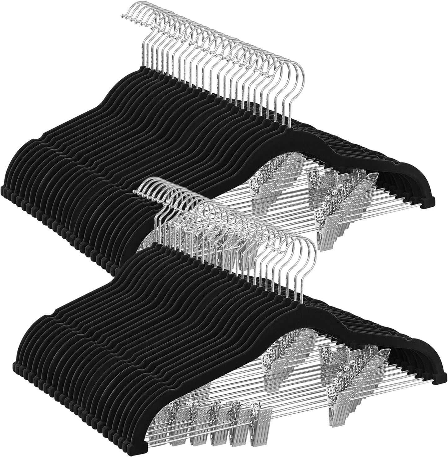 SONGMICS Velvet Pants Hangers - 50-Pack Adjustable Clips, Heavy-Duty Non-Slip Design, 16.7-Inch, Black