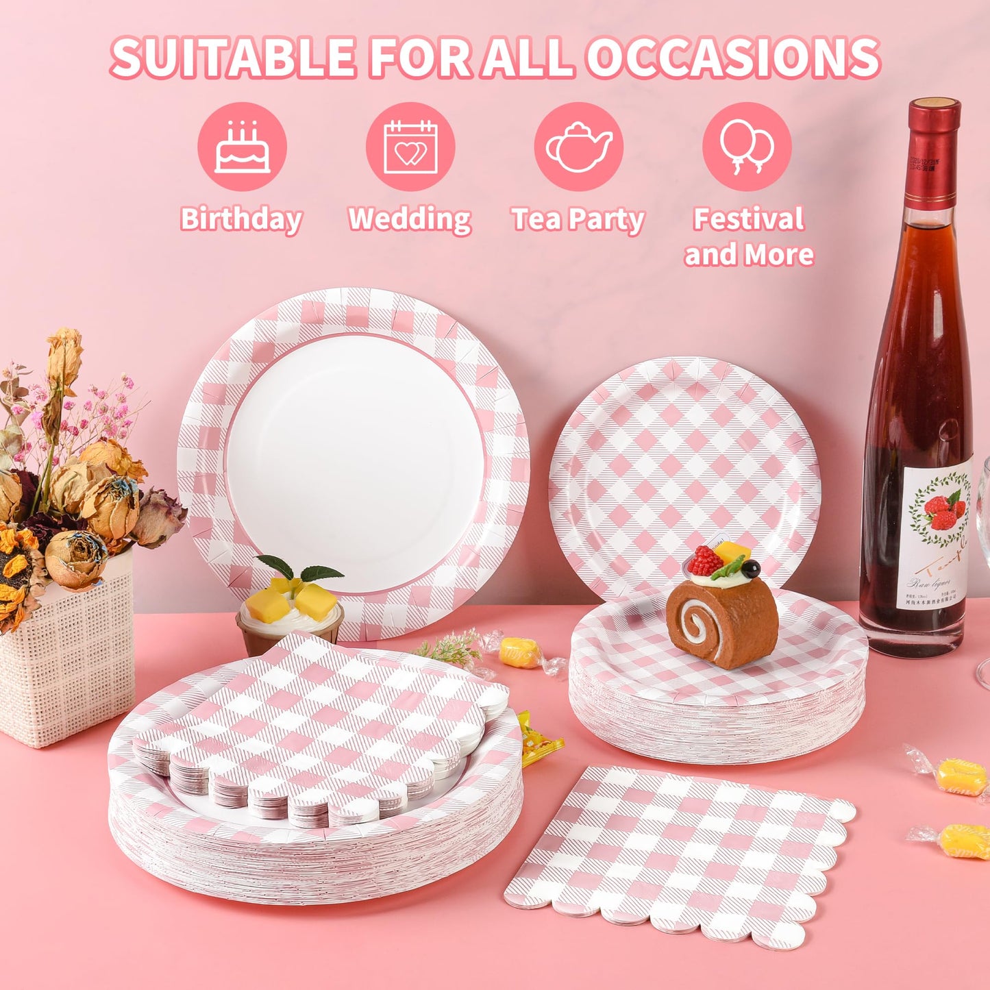 175Pcs Pink Gingham Party Supplies Pink Gingham Paper Plates and Napkins Cups Checkered Plates Disposable LightPink and White Plaid Party Decor for Birthday Family Fall Picnic BBQ,Serves 25 Guests