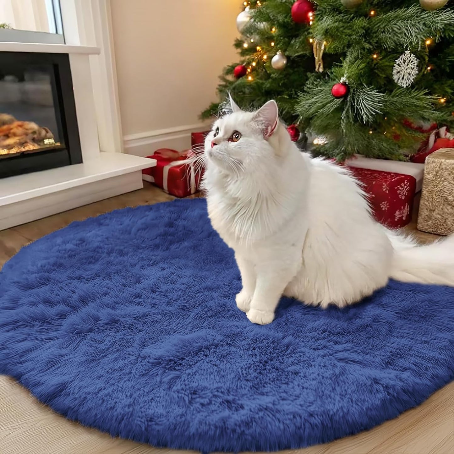 OLANLY Navy Blue Round Area Rug - Soft, Fluffy, Machine Washable 3 ft Circle Carpet for Bedroom & Living Room Decor