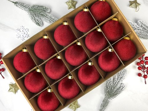 Dark Red Velvet Balls Ornaments - 15 PCS Shatterproof 3.15 Inch Decorative Christmas Baubles | Flocked Burgundy Holiday Decor