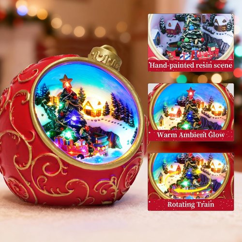 Animated Musical Christmas Village Figurines by [Brand Name] - Rotating Train & Lights | USB-C/Battery Powered, Auto 6H Timer