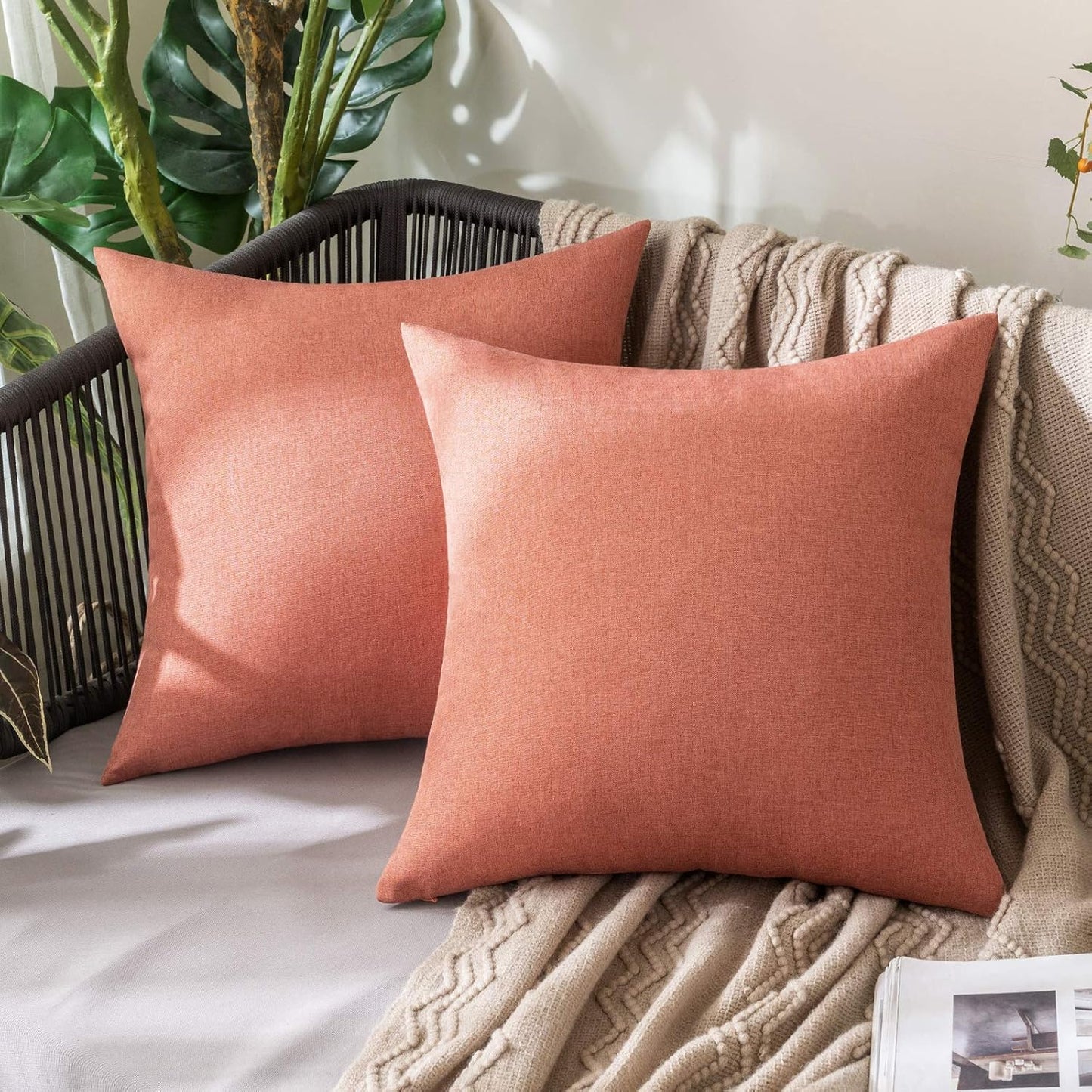 MIULEE Decorative Outdoor Throw Pillow Covers - Waterproof Faux Linen Cushion Cases | 16x16 Inch Coral Red (Pack of 2)
