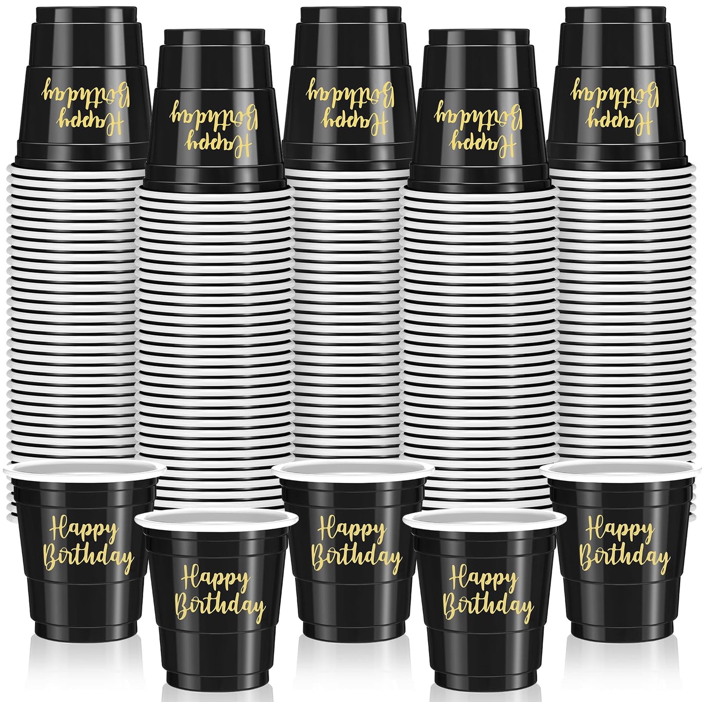 Layhit 100 Pcs Happy Birthday Plastic Shot Glasses 2oz Disposable Shot Cups for Party Mini Drinking Cups for Birthday Wedding Party Favors Tasting Serving Snacks Samples(Black)