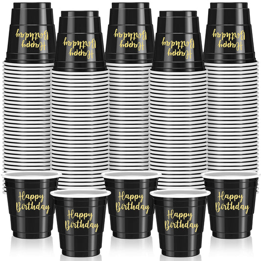 Layhit 100 Pcs Happy Birthday Plastic Shot Glasses 2oz Disposable Shot Cups for Party Mini Drinking Cups for Birthday Wedding Party Favors Tasting Serving Snacks Samples(Black)