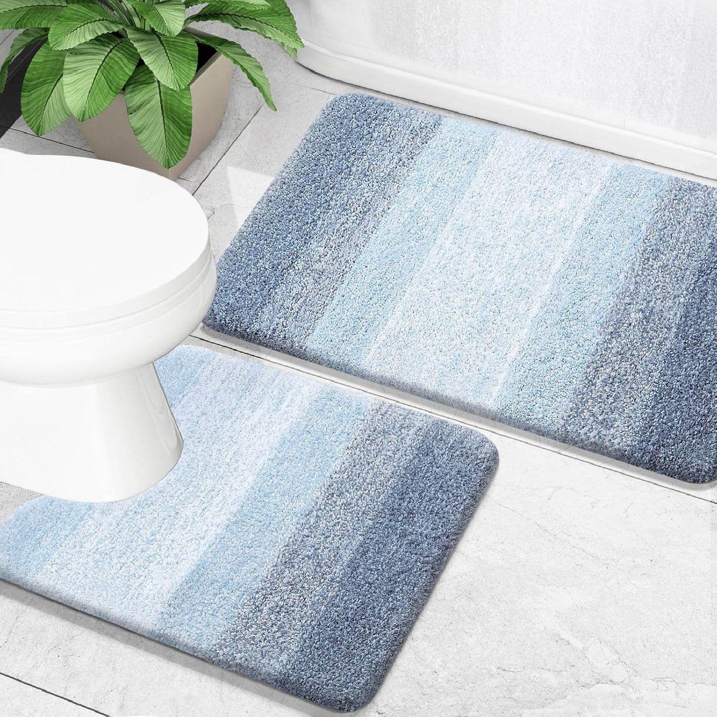 OLANLY Bathroom Rug Set - Soft Absorbent Microfiber Mats with Non-Slip U-Shaped Contour Rug | Blue, 2-Piece Set (24"x16" + 24"x20")