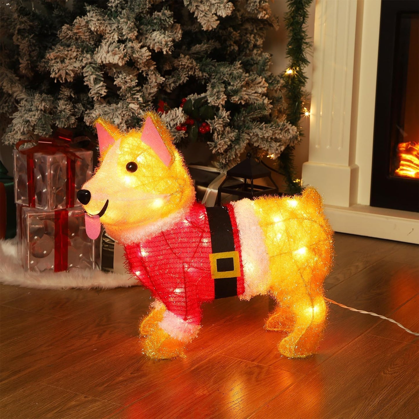 WATERGLIDE 17-Inch Lighted Christmas Dog Decoration - Pre-Lit 3D Tinsel Puppy for Indoor & Outdoor Holiday Decor