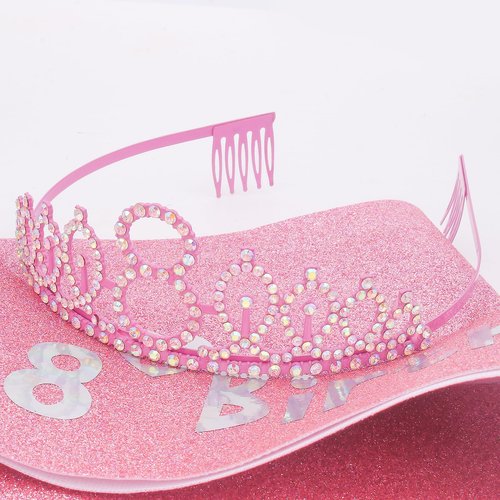 Canitor 8th Birthday Decorations for Girls Birthday Girl Crown Tiara & Glitter Sash Set for 8 Year Old Girl Birthday Gift Birthday Girl Headband Hat