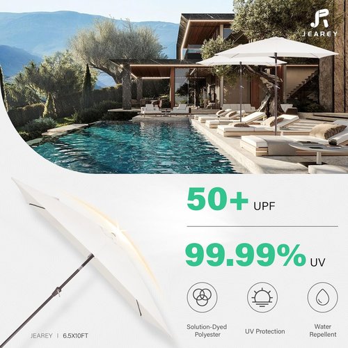 JEAREY Rectangular Patio Umbrella - 6.5x10 ft Outdoor Umbrella with Push Button Tilt & Crank | UV Protection in Cream White