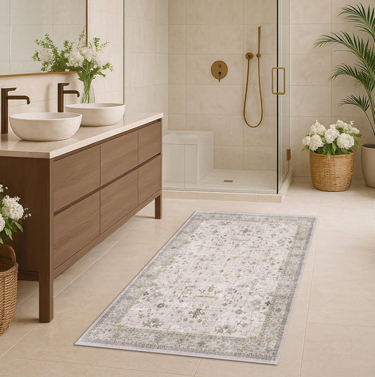 Boho Bathroom Rug by Light Grey | Large 3x4 Washable Floral Design - Non-Slip, Low Pile for Entryway & Bedroom