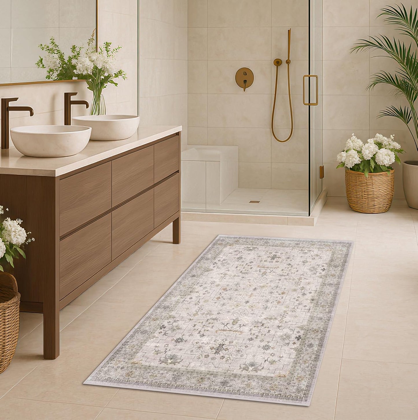 Regine Switzerland Large Boho Bathroom Rug - Washable Floral Design in Light Grey | Non-Slip, Low Pile for Entryway, Kitchen, Bedroom