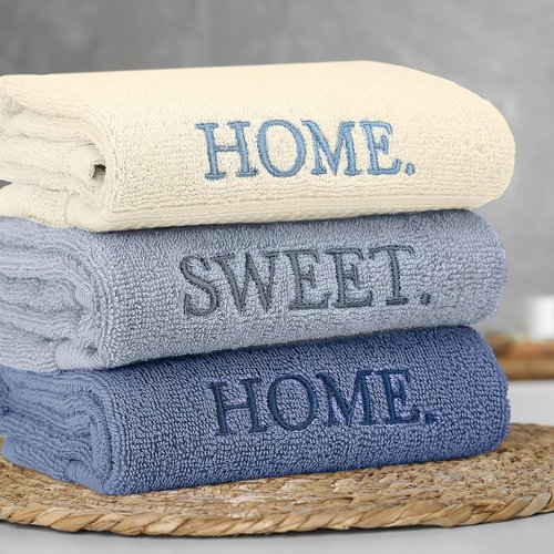 FuWeave Hand Towels Set - Rustic Embroidered Cotton for Bathroom & Kitchen | 3 Pcs Blue Home Sweet Home Decor